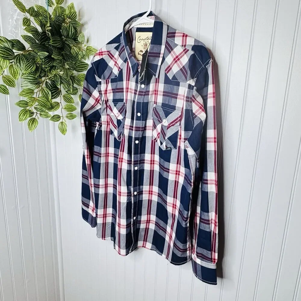 Coastal Men Sz L Button Up Shirt Large Red Navy Plaid Flannel Long Sleeve Collar